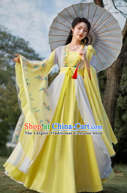 China Tang Dynasty Beauty Dance Clothing Ancient Fairy Costume Yellow Hanfu Embroidered Dress