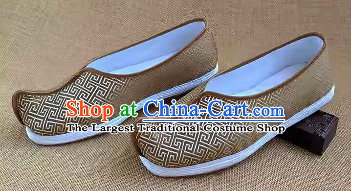 Traditional Kung Fu Shoes Handmade Old Peking Dark Golden Brocade Shoes Chinese Strong Cloth Soles Shoes