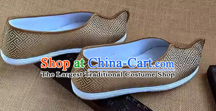 Traditional Kung Fu Shoes Handmade Old Peking Dark Golden Brocade Shoes Chinese Strong Cloth Soles Shoes