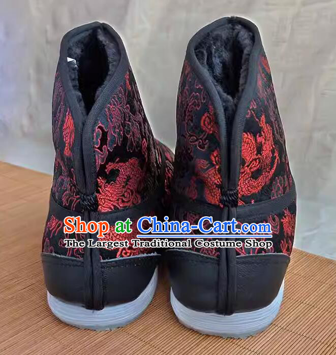 Chinese Old Peking Strong Cloth Soles Shoes Traditional Winter Thermal Boots Handmade Black Brocade Kung Fu Boots