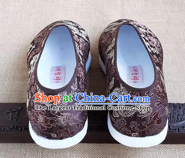 Chinese Traditional Kung Fu Shoes Handmade Brown Brocade Shoes Old Peking Strong Cloth Soles Shoes