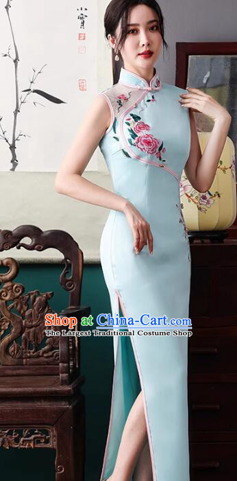 Chinese Traditional Dress Light Blue Sleeveless Cheongsam Embroidered Peony Long Qipao