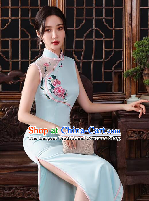 Chinese Traditional Dress Light Blue Sleeveless Cheongsam Embroidered Peony Long Qipao