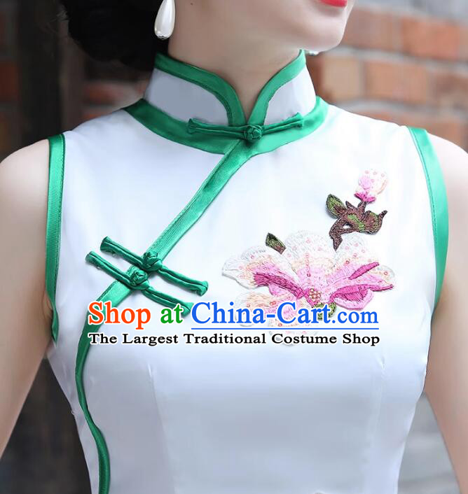 Chinese Embroidered Yulan Mangnolia Long Qipao Traditional Dress White Sleeveless Cheongsam