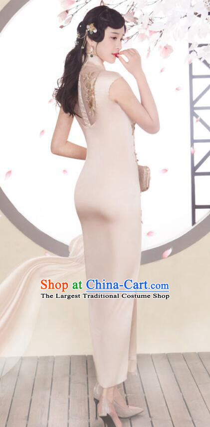 Chinese Champagne Sleeveless Cheongsam Embroidered Beads Long Qipao Elegant Dress