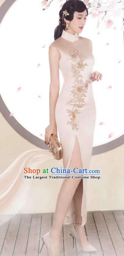 Chinese Champagne Sleeveless Cheongsam Embroidered Beads Long Qipao Elegant Dress