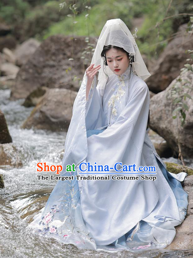 China Ming Dynasty Royal Princess Costumes Traditional Embroidered Blue Hanfu Dress Ancient Noble Beauty Clothing
