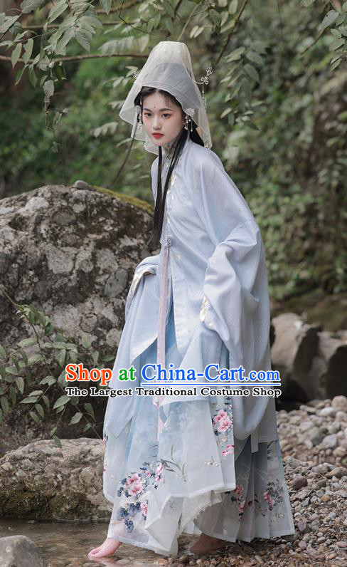China Ming Dynasty Royal Princess Costumes Traditional Embroidered Blue Hanfu Dress Ancient Noble Beauty Clothing