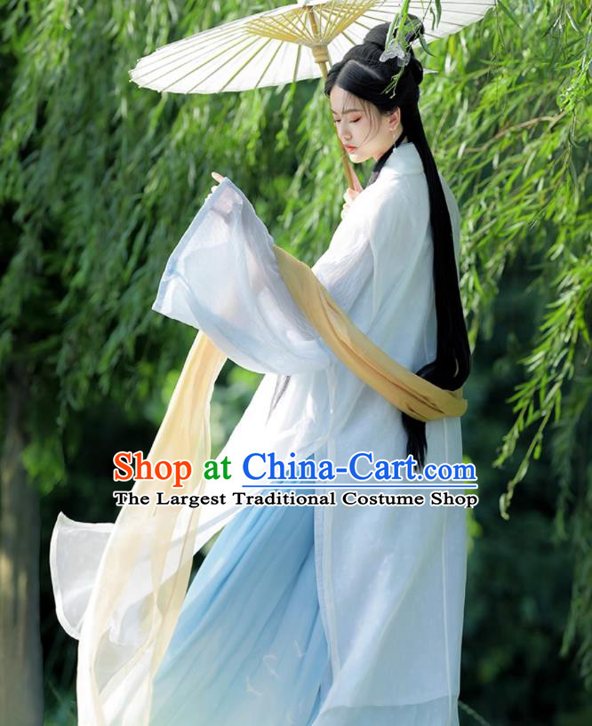 China Ancient Goddess Clothing Song Dynasty Young Lady Costumes Traditional Light Blue Hanfu Dresses