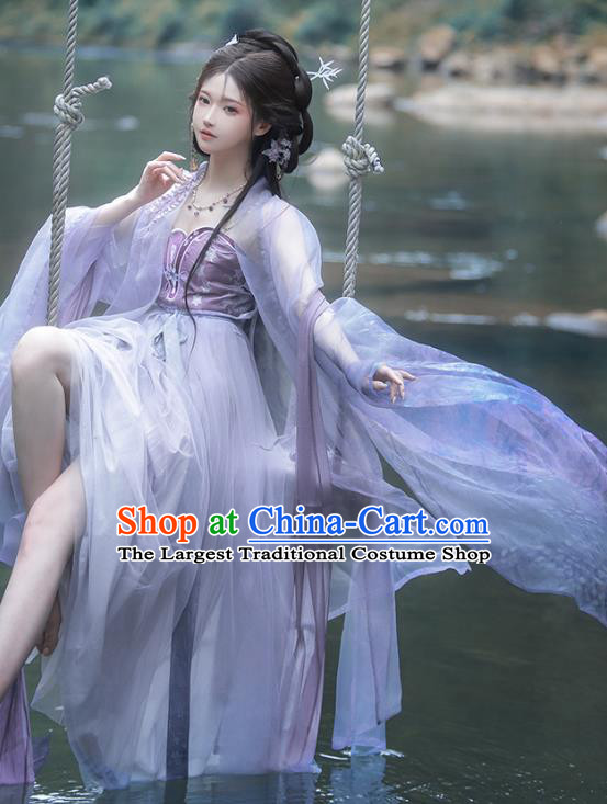 China Tang Dynasty Princess Clothing Ancient Fairy Costumes Female Traditional Hanfu Violet Hezi Dress Complete Set