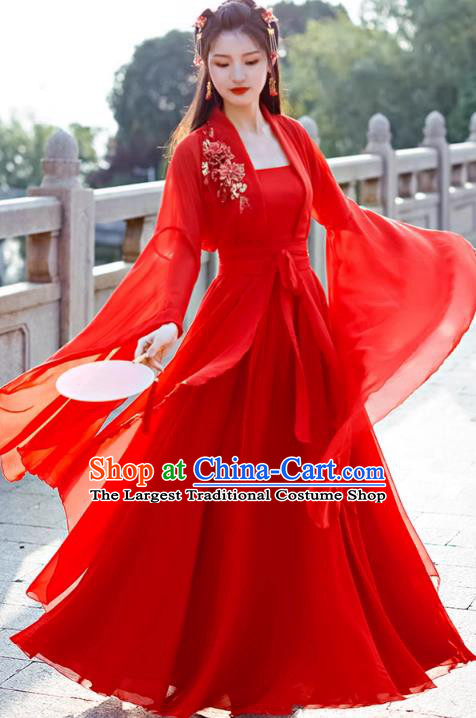 China Ancient Fairy Costume Tang Dynasty Woman Clothing Red Wide Sleeve Flow Fairy Dress