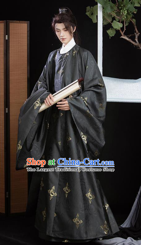 China Ancient Scholar Hanfu Black Round Collar Robe Ming Dynasty Young Childe Historical Costumes