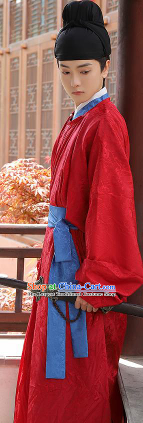 China Male Hanfu Red Round Collar Robe Tang Dynasty Young Hero Historical Costume Ancient Swordsman Clothing