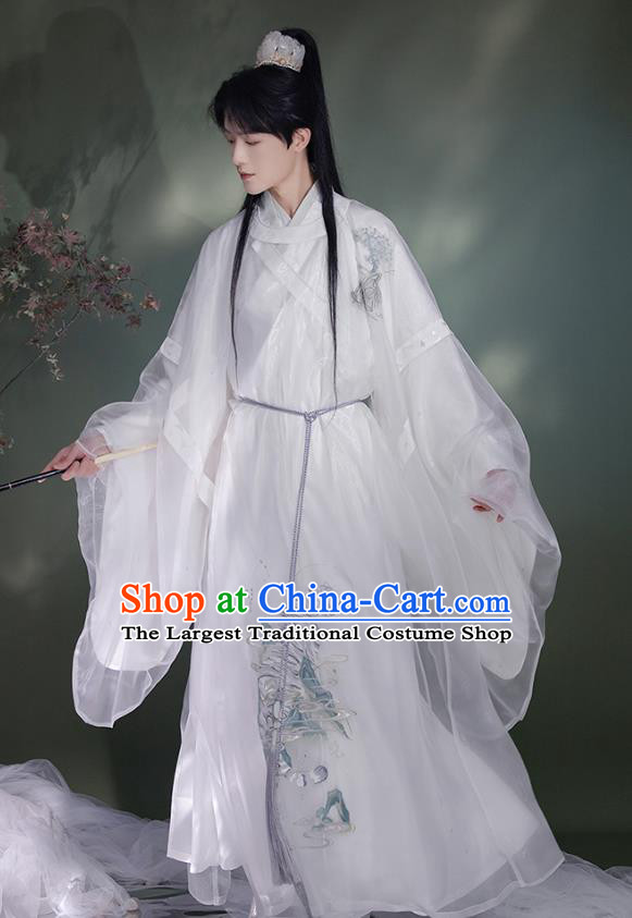 China Ancient Scholar Clothing Ming Dynasty Young Male Historical Costume White Hanfu Robe and Under Garment Complete Set