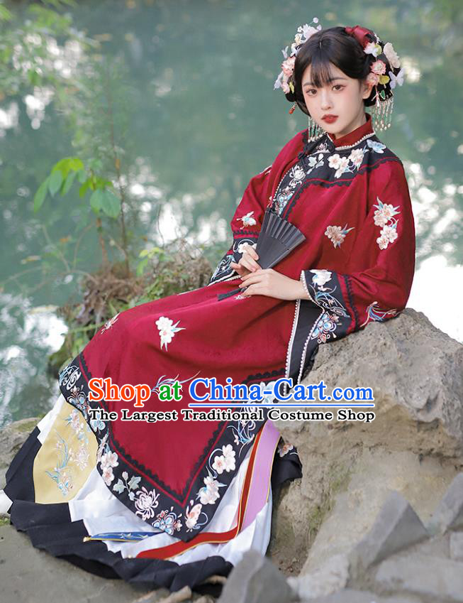 China Qing Dynasty Historical Costumes Embroidered Red Blouse and White Mamian Skirt Ancient Noble Lady Clothing