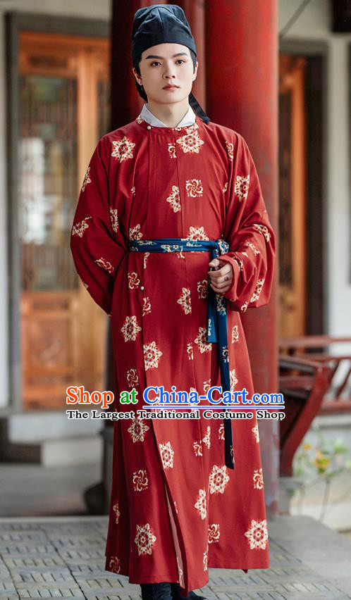 China Male Hanfu Red Round Collar Robe Ancient Young Warrior Clothing Tang Dynasty Swordsman Historical Costume