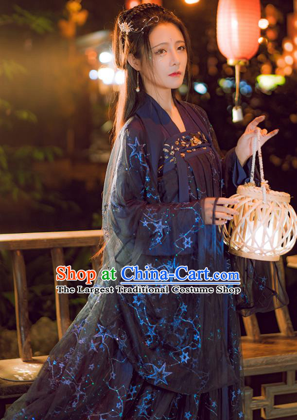 China Ancient Royal Princess Clothing Tang Dynasty Historical Costumes Female Hanfu Dark Blue Ruqun