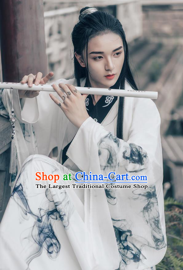 China Jin Dynasty Young Childe Historical Costumes Man Hanfu Ancient Swordsman Ink Painting Clothing