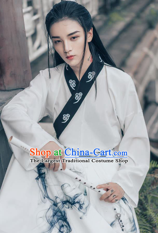 China Jin Dynasty Young Childe Historical Costumes Man Hanfu Ancient Swordsman Ink Painting Clothing