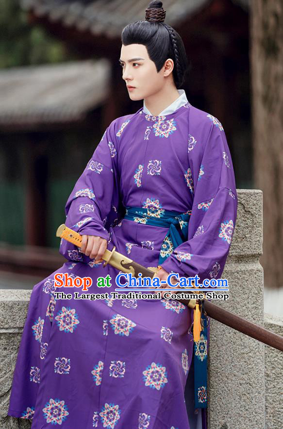 China Tang Dynasty Replica Costume Hanfu Purple Round Collar Robe Ancient Young Warrior Clothing
