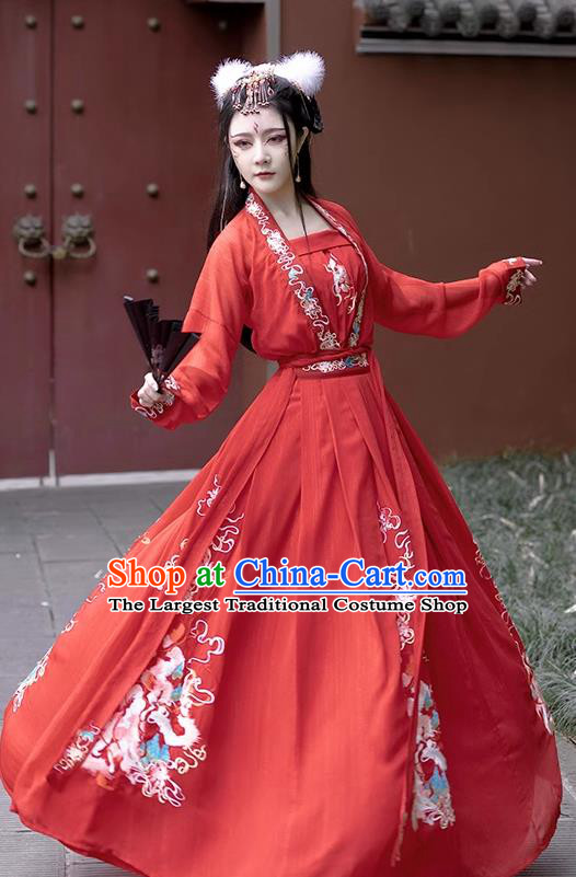 China Hanfu Embroidered Wedding Dress Ancient Bride Red Clothing Song Dynasty Princess Replica Costumes