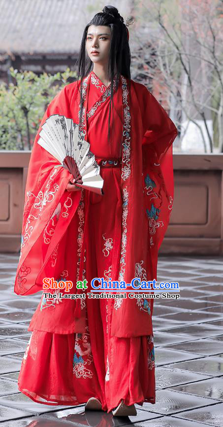 China Song Dynasty Young Childe Replica Costumes Hanfu Embroidered Wedding Dress Ancient Scholar Red Clothing