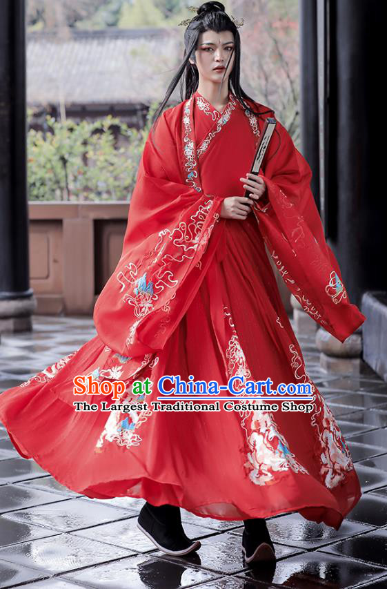 China Song Dynasty Young Childe Replica Costumes Hanfu Embroidered Wedding Dress Ancient Scholar Red Clothing