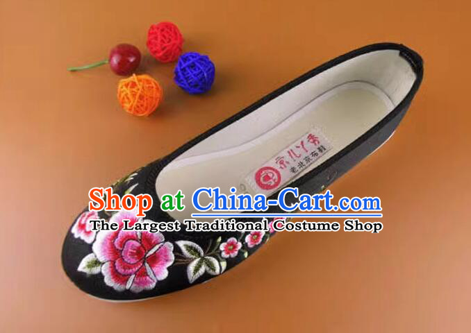 Chinese Handmade Old Peking Strong Cloth Soles Shoes Black Satin Shoes Embroidered Peony Shoes