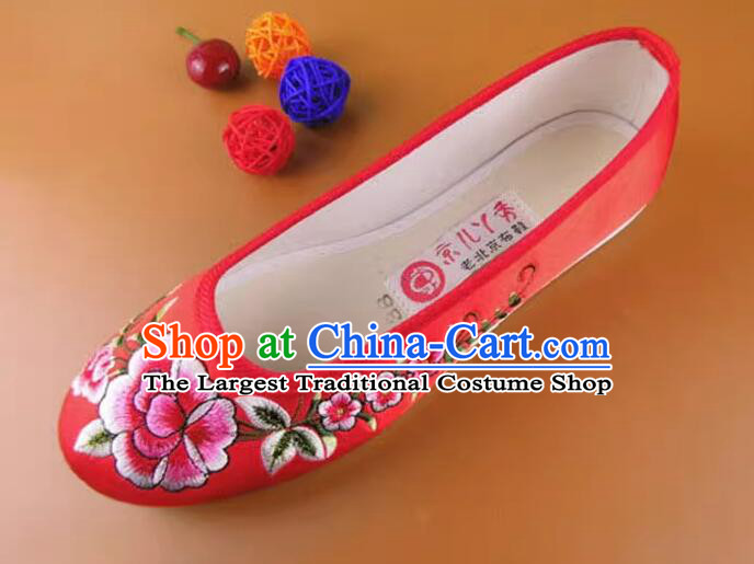 Chinese Embroidered Peony Wedding Shoes Handmade Old Peking Strong Cloth Soles Shoes Red Satin Shoes