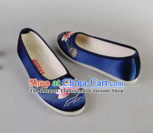 Chinese Dark Blue Satin Shoes Embroidered Lotus Shoes Handmade Old Peking Shoes