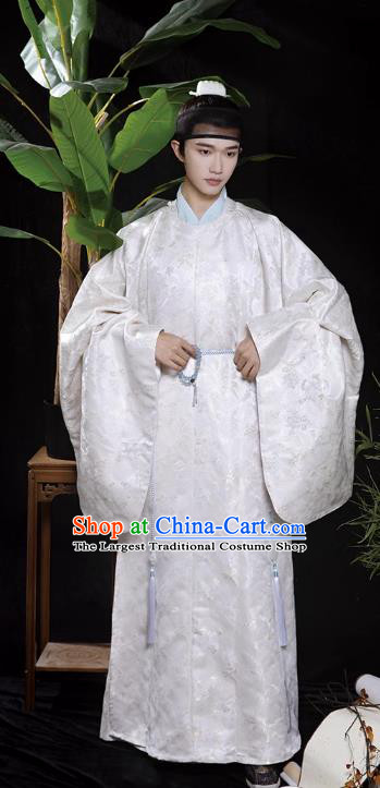 China Ming Dynasty Scholar Costumes Traditional Hanfu Male White Round Collar Robe Ancient Royal Prince Clothing