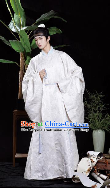 China Ming Dynasty Scholar Costumes Traditional Hanfu Male White Round Collar Robe Ancient Royal Prince Clothing
