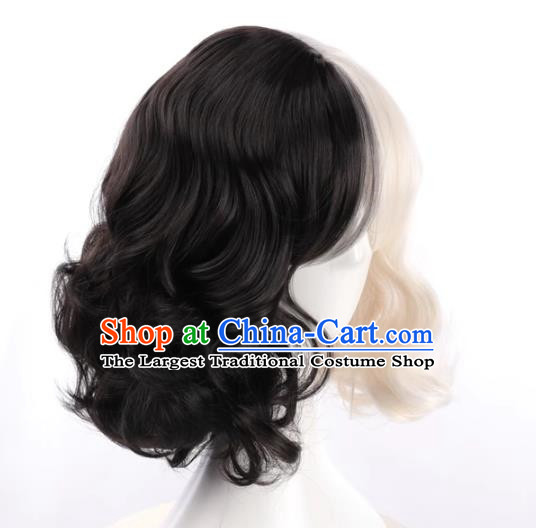 European And American Style Black And White Double Color High Temperature Wire Wig For Ladies With Short Curly Hair