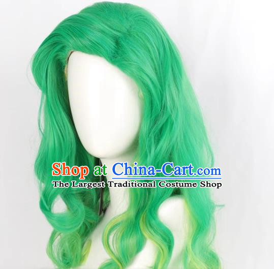 European And American Front Flip Up Style Women Whole Wig Green Gradient Yellow Large Wavy Medium Long Curly Hair