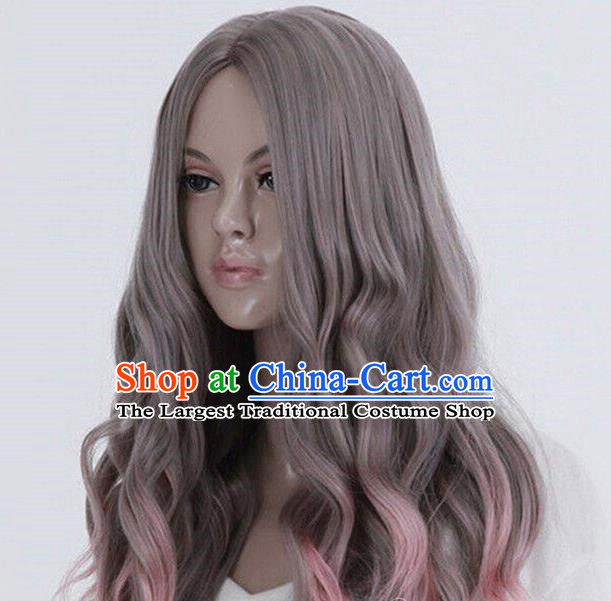 European And American Long Curly Hair Corn Perm Gray Gradient Pink Middle Parted Scalp Ladies Prom Lolita Wig