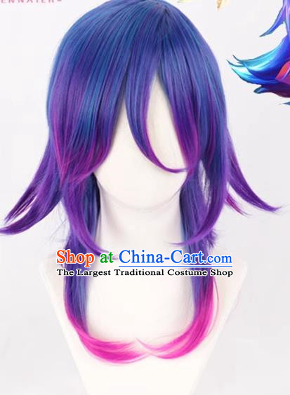 Nicole Wanhua Psychic Purple Blue Curved Short Hair Female Animation Cos Wig