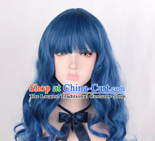 Mixed Blue Air Bangs Long Curly Hair European And American Medium Length Cosplay Party Big Wave Wig