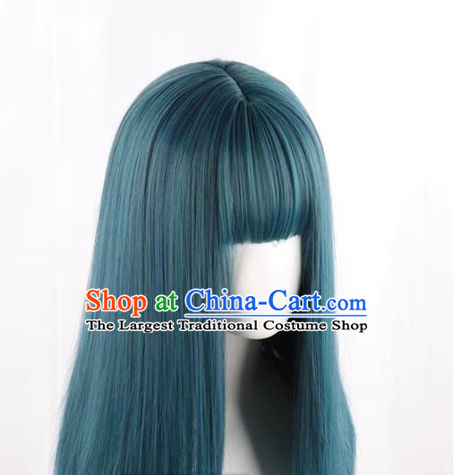 Wig For Women With Medium Long Straight Hair Fashionable Mixed Blue Clavicle Hair Full Headband Inner Buckle At The End Trendy Short Straight Hair