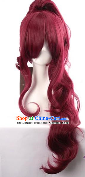 Dark Wine Red Long Curly Hair Single Ponytail Cos Wig