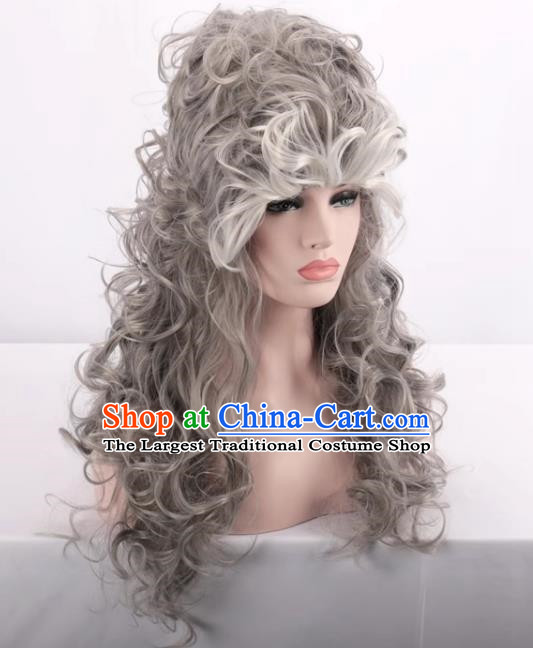 European And American Palace High Hat Style Mixed Gray Ladies Full Fake Hair Long Curly Hair Cosplay Wig