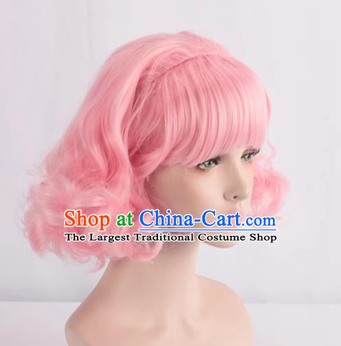 European And American Light Pink Short Curly Hair With Bangs And Full Headband For Women With Fake Hair Cos Wig