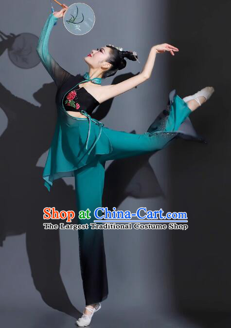 China Woman Solo Stage Performance Clothing Taoli Cup Dance Competition Dark Green Outfit Fan Dance Costume