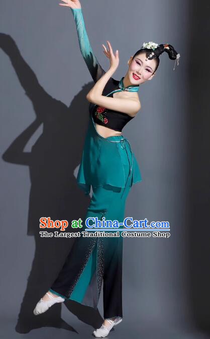 China Woman Solo Stage Performance Clothing Taoli Cup Dance Competition Dark Green Outfit Fan Dance Costume