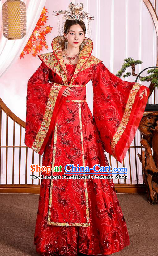 China Traditional Hanfu Queen Red Dress Ancient Imperial Consort Costume Tang Dynasty Empress Wedding Clothing