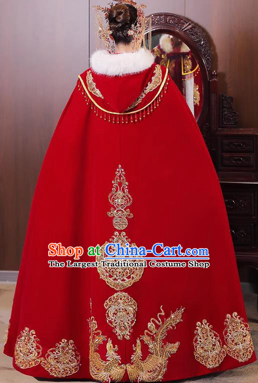 China Ancient Bride Costume Traditional Hanfu Wedding Clothing Embroidered Red Cloak