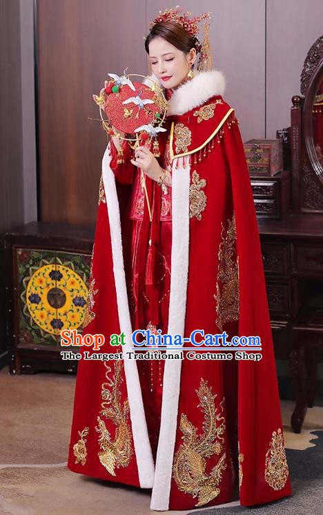 China Ancient Bride Costume Traditional Hanfu Wedding Clothing Embroidered Red Cloak