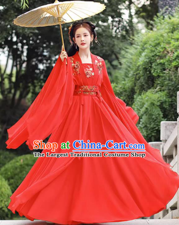 China Red Wide Sleeve Flow Fairy Dress Ancient Princess Costume Traditional Hanfu Classical Dance Clothing