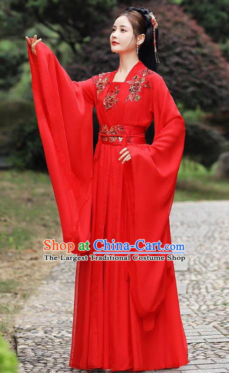 China Red Wide Sleeve Flow Fairy Dress Ancient Princess Costume Traditional Hanfu Classical Dance Clothing