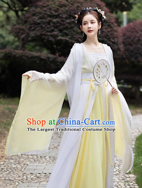 China Classical Dance Clothing Yellow Wide Sleeve Flow Fairy Dress Ancient Princess Costume Traditional Hanfu