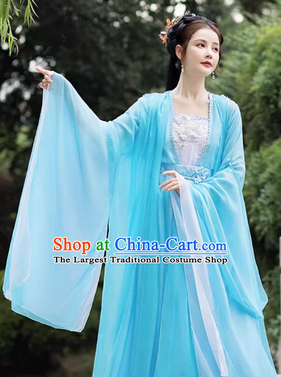 China Traditional Hanfu Classical Dance Clothing Blue Wide Sleeve Flow Fairy Dress Ancient Goddess Chang E Costume